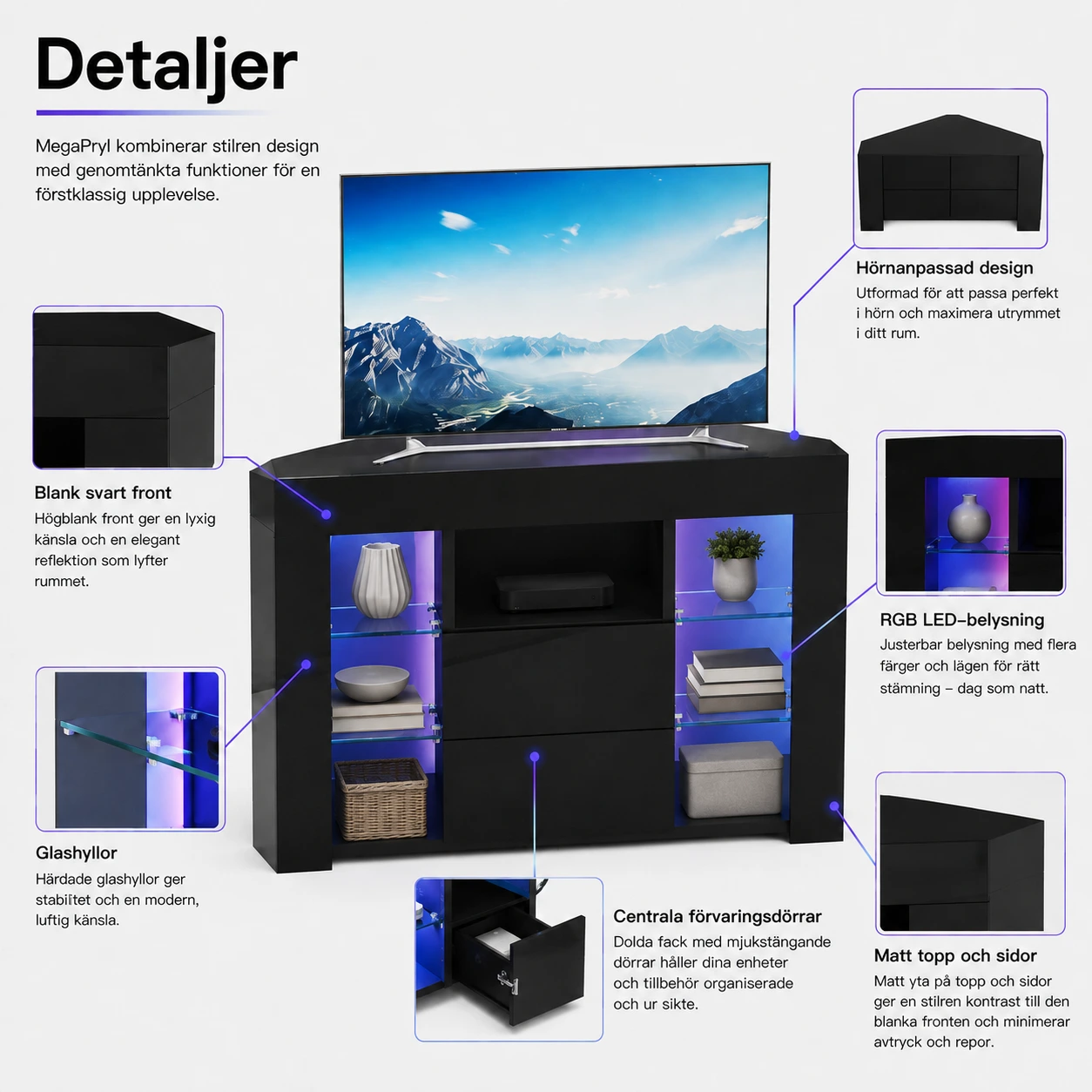 TV-bänk för hörn med LED-belysning och förvaring