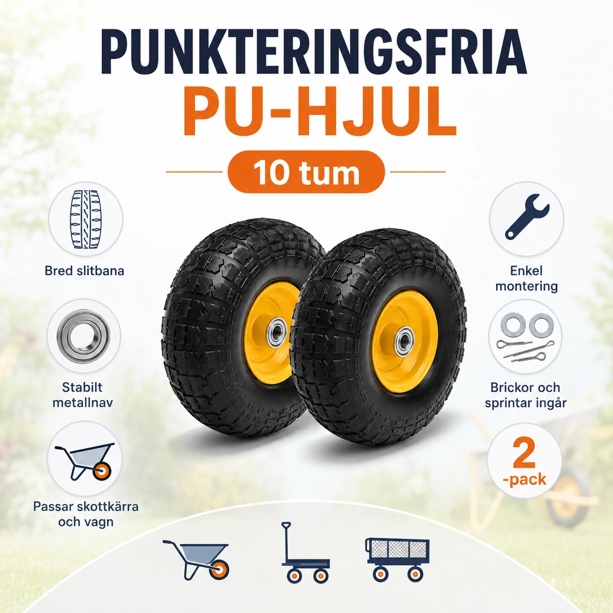 Punkteringsfria PU-hjul 10 tum för skottkärra och vagn