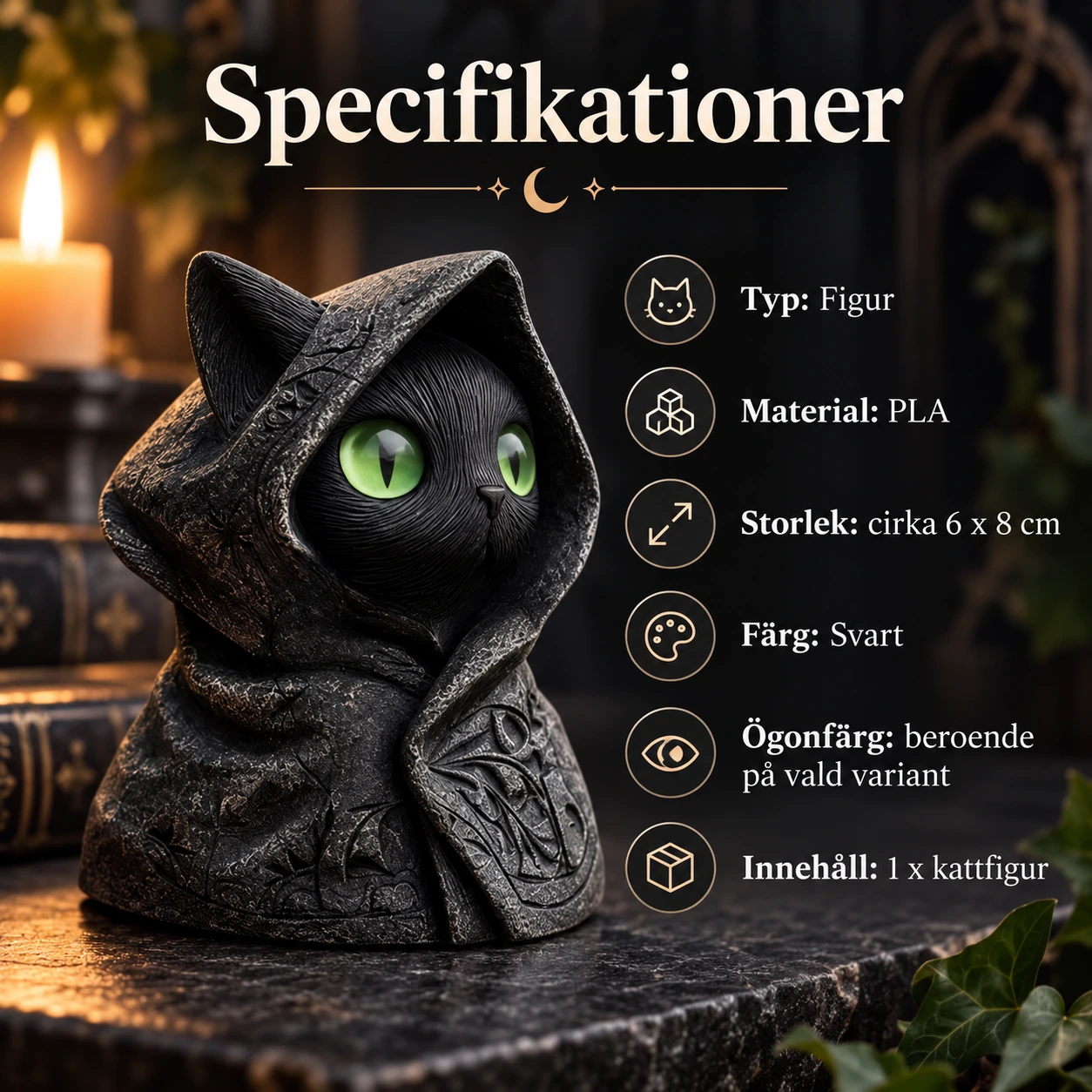 Kattfigur med huva i PLA, svart dekorfigur