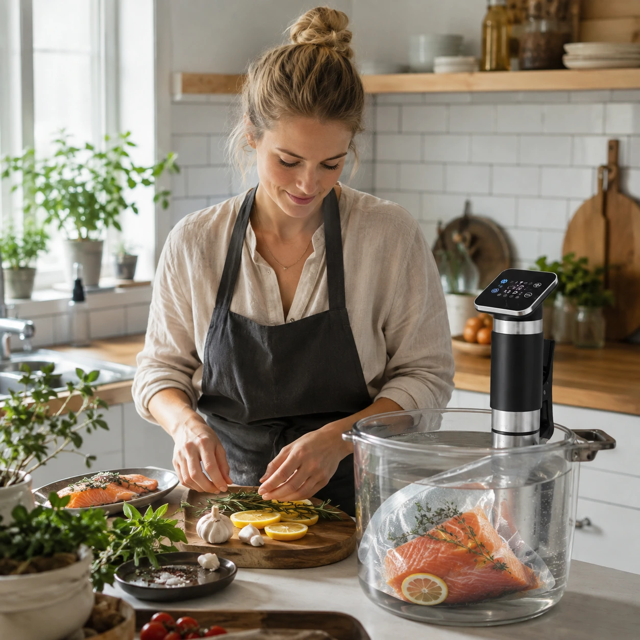 Sous vide -kiertovesikypsennin sovellusohjauksella ja IPX7-luokituksella
