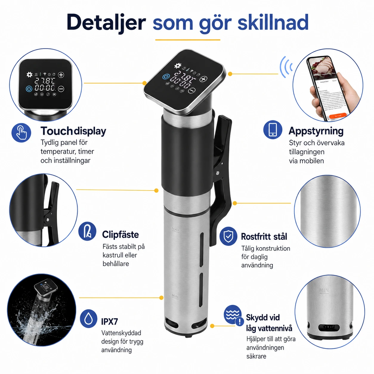 Sous vide-cirkulator med appstyrning och IPX7