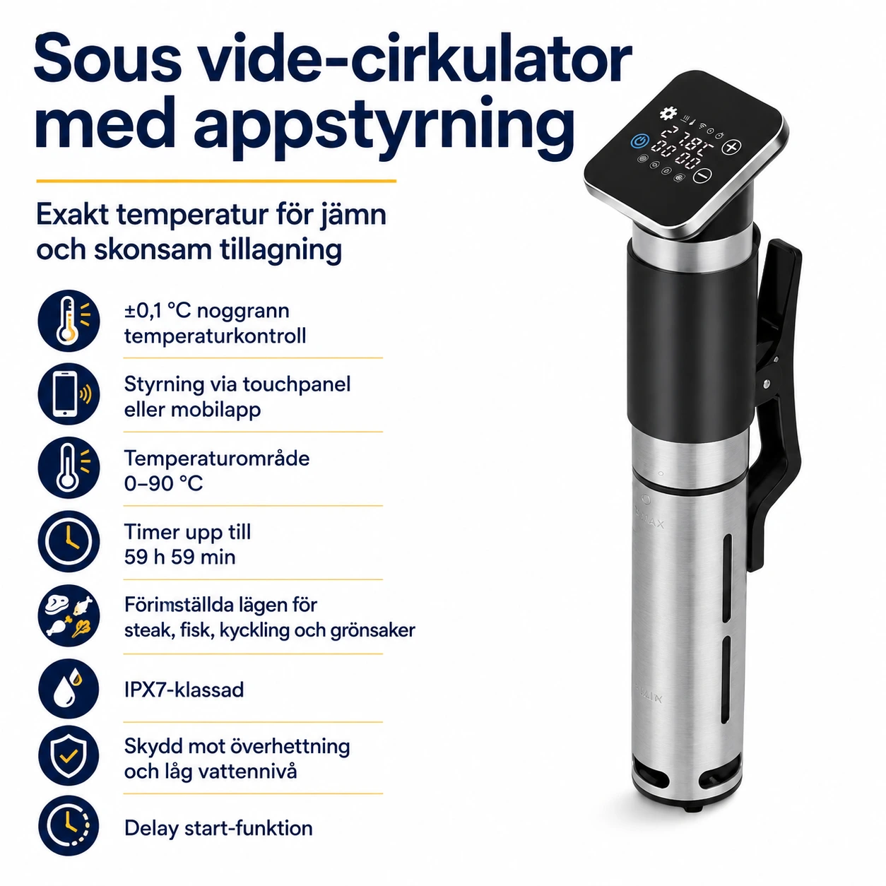 Sous vide -kiertovesikypsennin sovellusohjauksella ja IPX7-luokituksella
