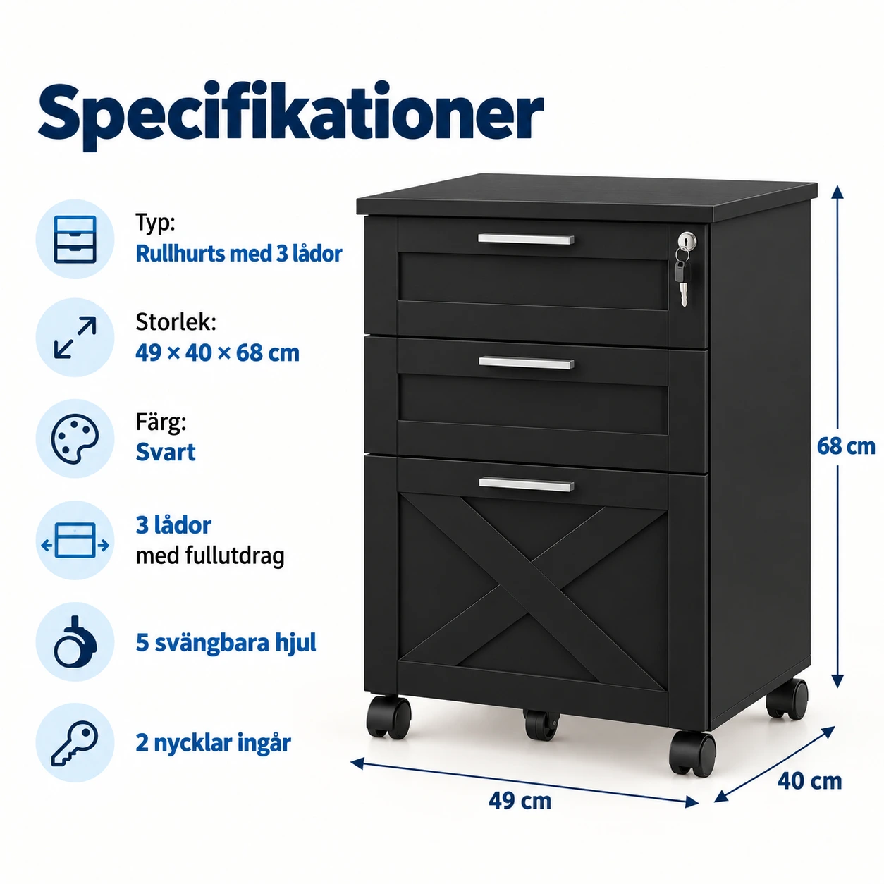 Låsbart rullhurts med 3 lådor för kontor