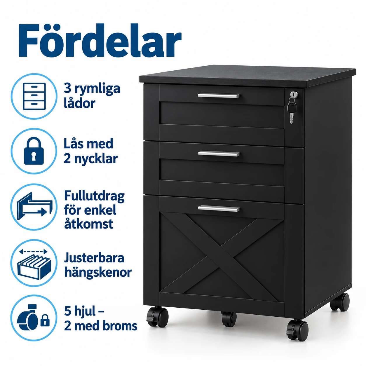 Låsbart rullhurts med 3 lådor för kontor