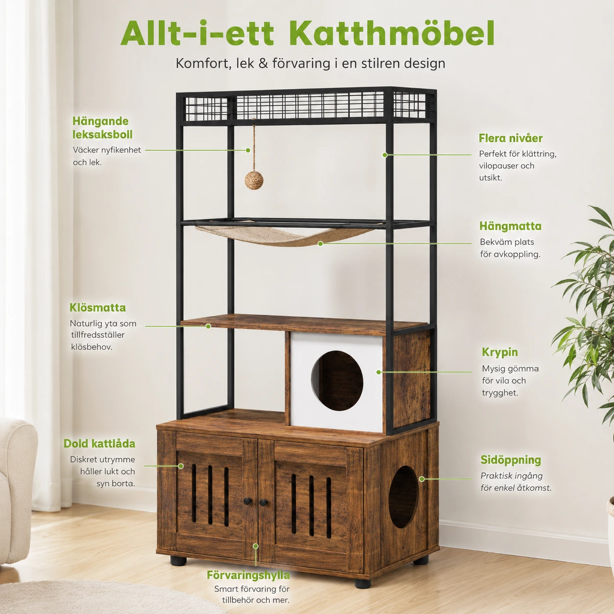 Kattmöbel med dold kattlåda och förvaring