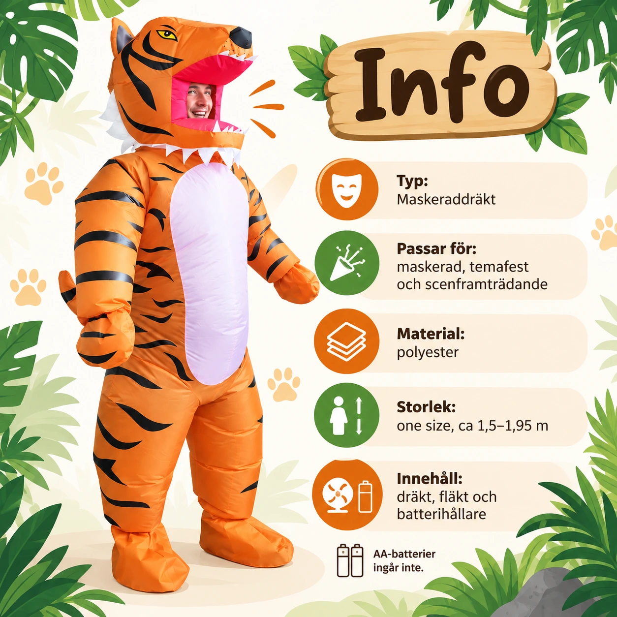Uppblåsbar Orange och Svart Tigerkostym för Vuxna