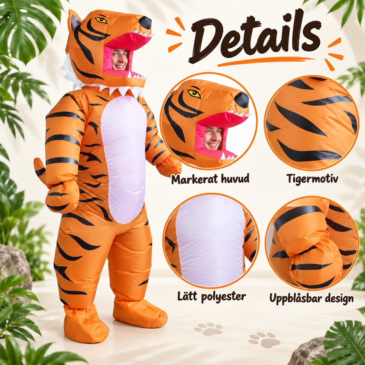 Uppblåsbar Orange och Svart Tigerkostym för Vuxna