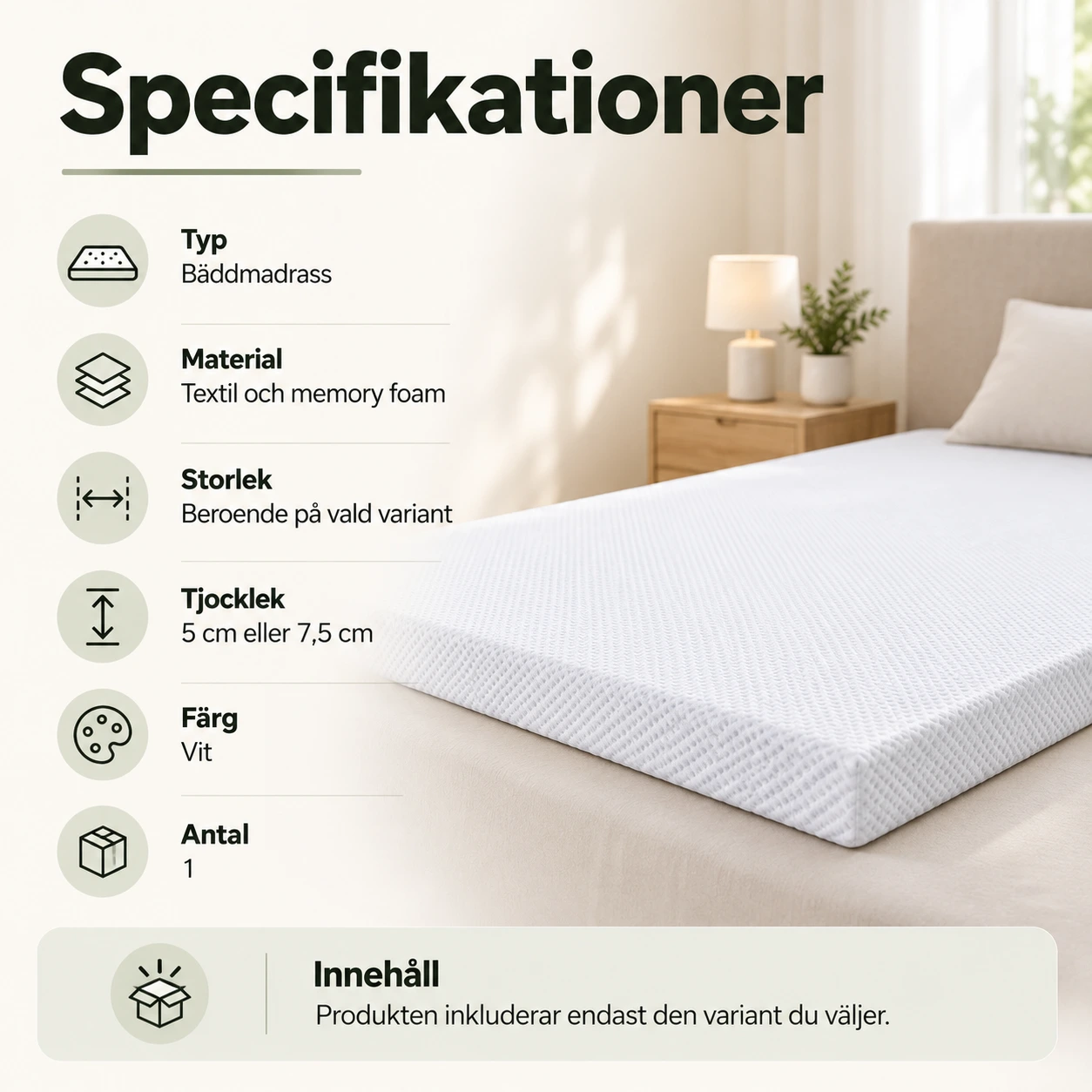 Bäddmadrass i viskoelastiskt skum med tvättbart överdrag
