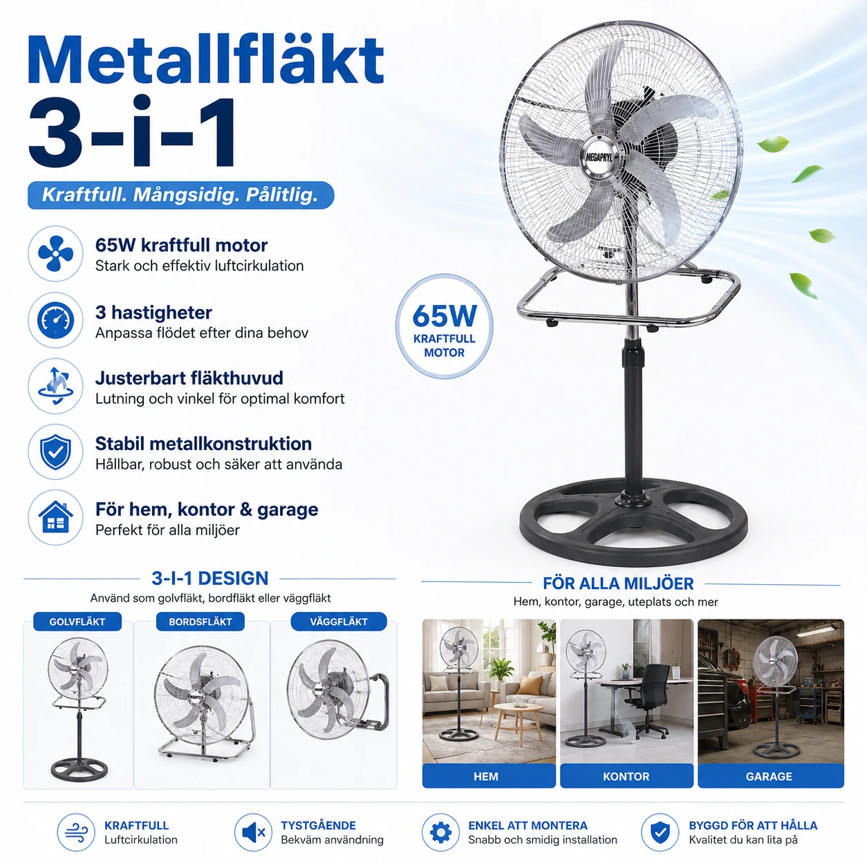 3-i-1 Industriell Metallfläkt 65W, 3 Hastigheter, Justerbar