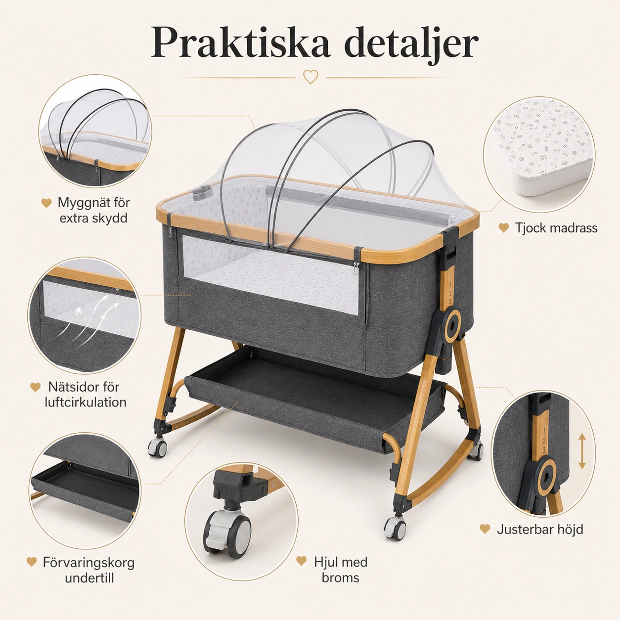 Babysäng 3-i-1 med Hjul och Myggnät