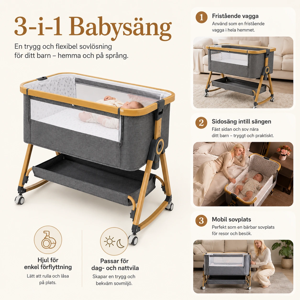 Babysäng 3-i-1 med Hjul och Myggnät