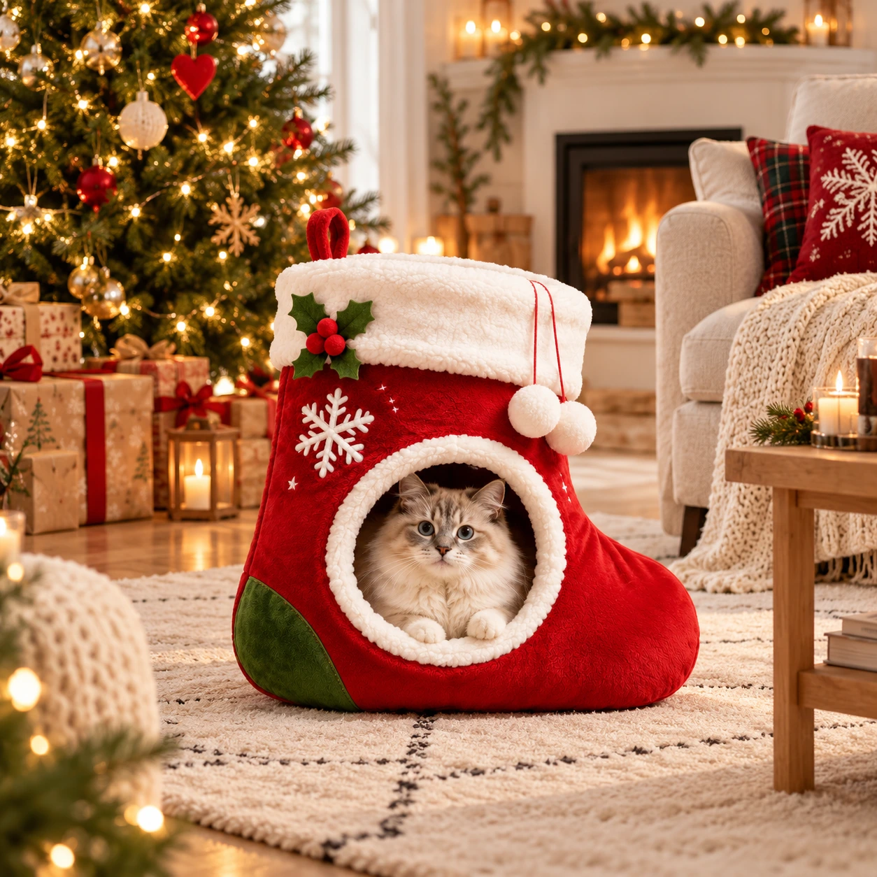 Julstrumpa kattbädd i grottmodell