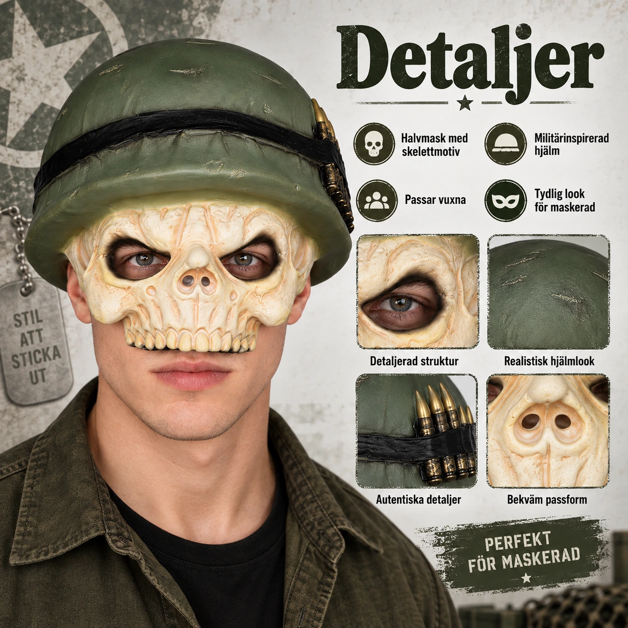 Halvmask skelett med hjälm, vuxen