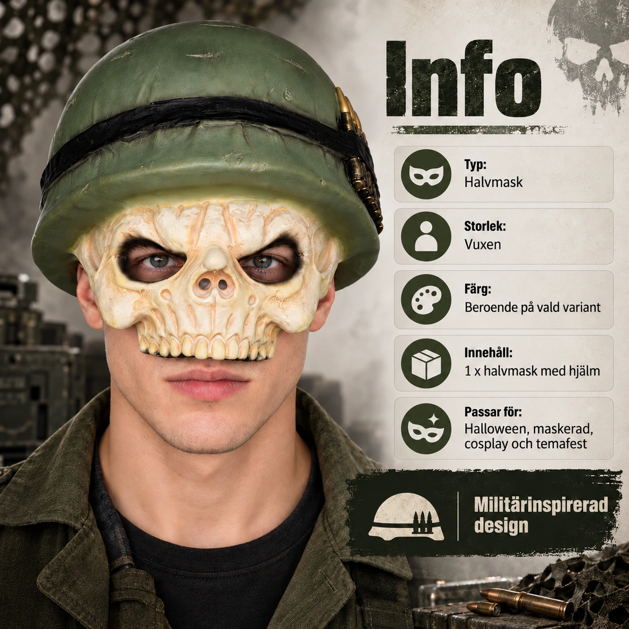Halvmask skelett med hjälm, vuxen