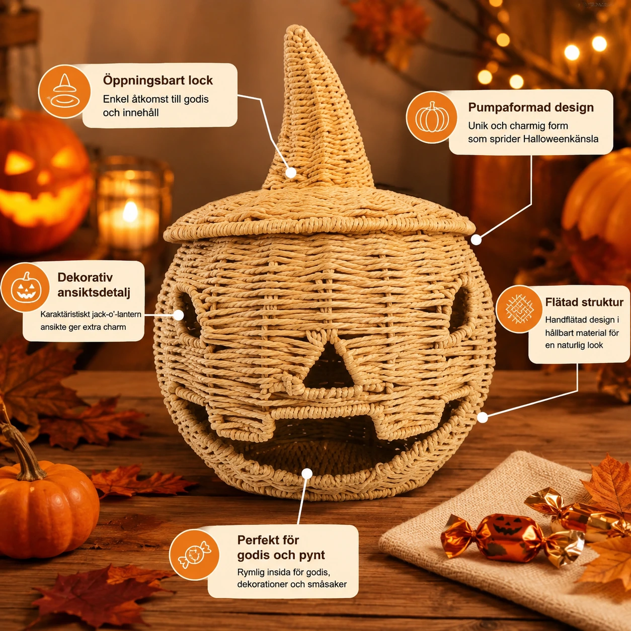 Godisskål för Halloween i pumpaform med lock
