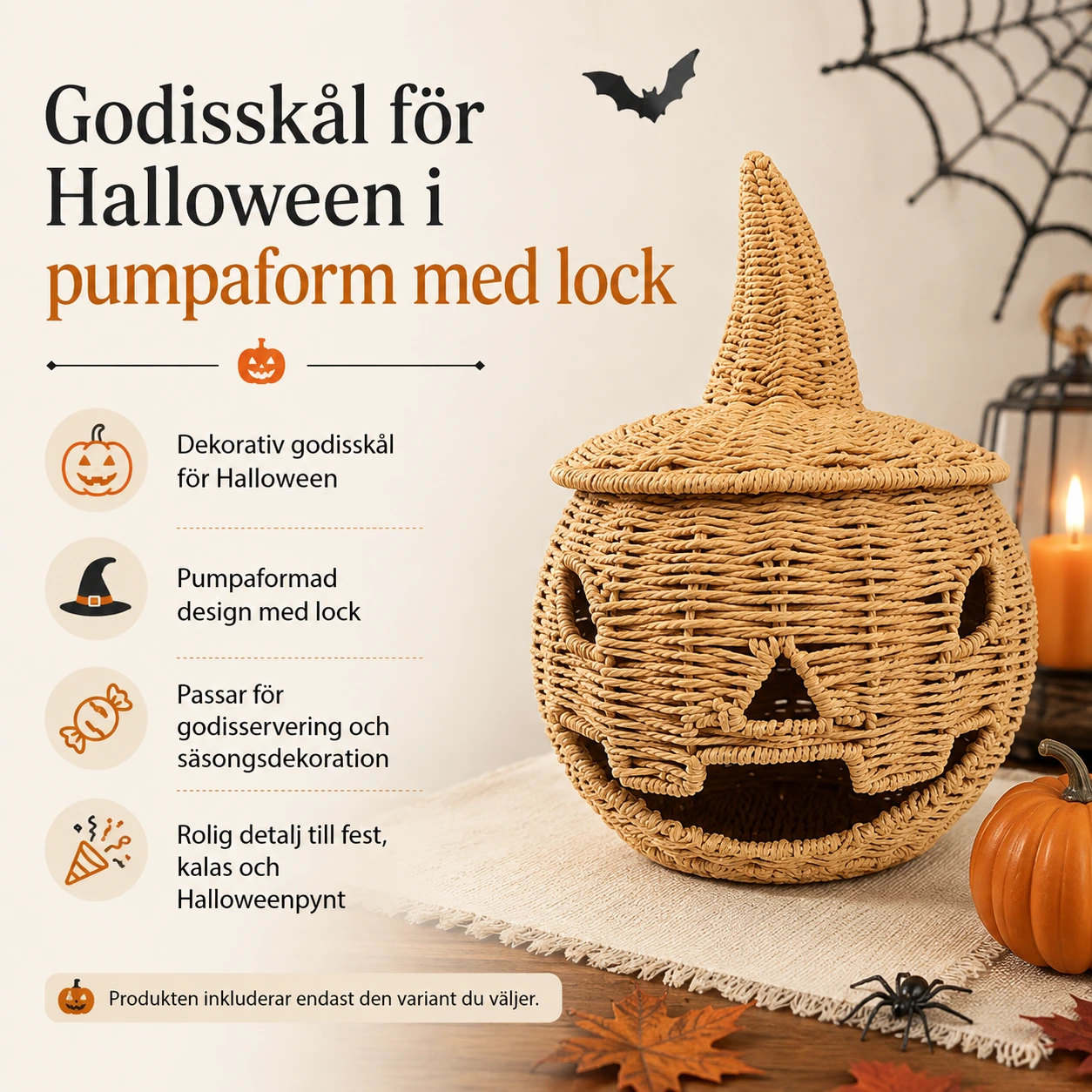 Godisskål för Halloween i pumpaform med lock