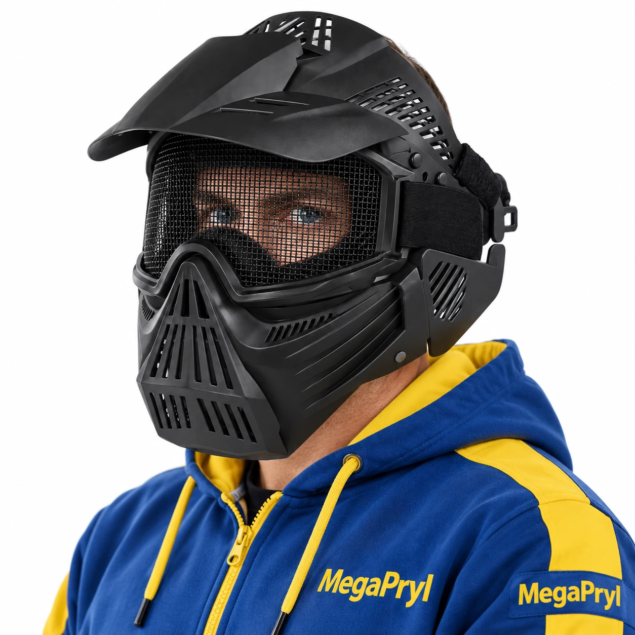 Taktisk ansiktsmask med nätvisir och keps – maskeradmask
