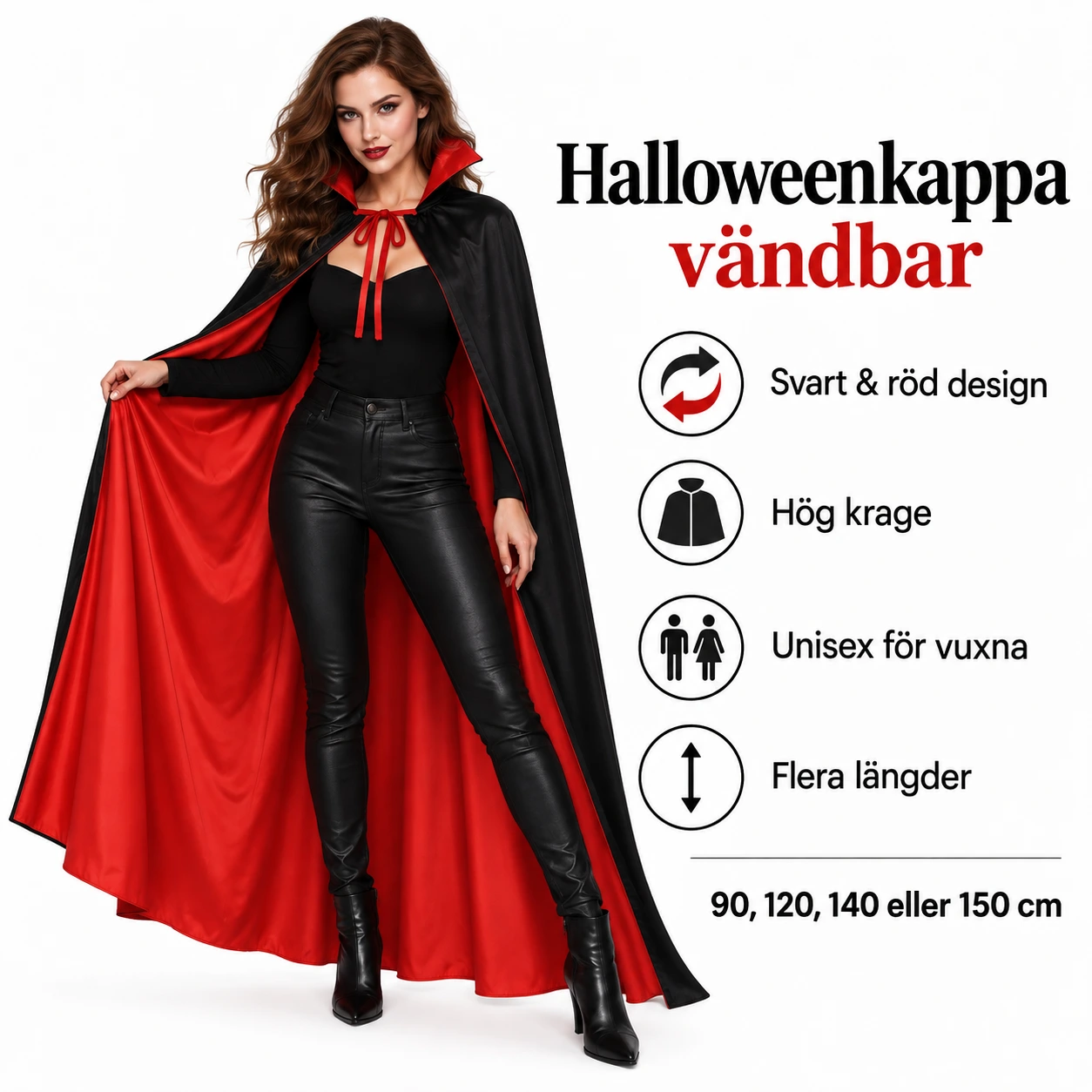 Halloweenkappa vändbar med hög krage för vuxna