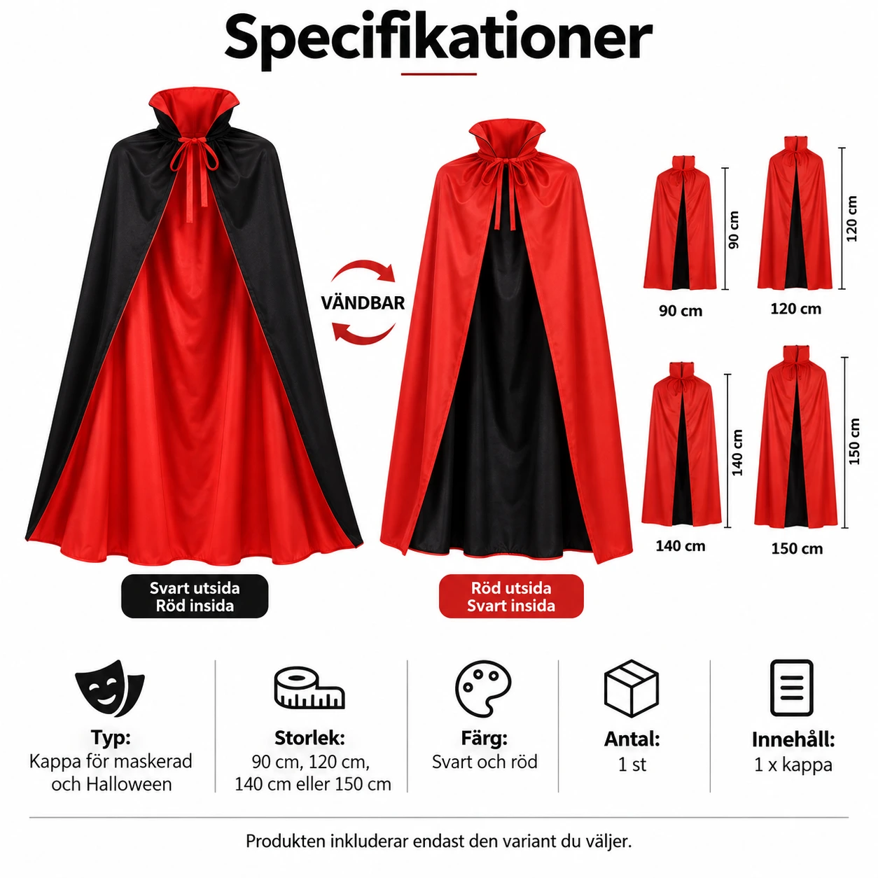 Halloweenkappa vändbar med hög krage för vuxna