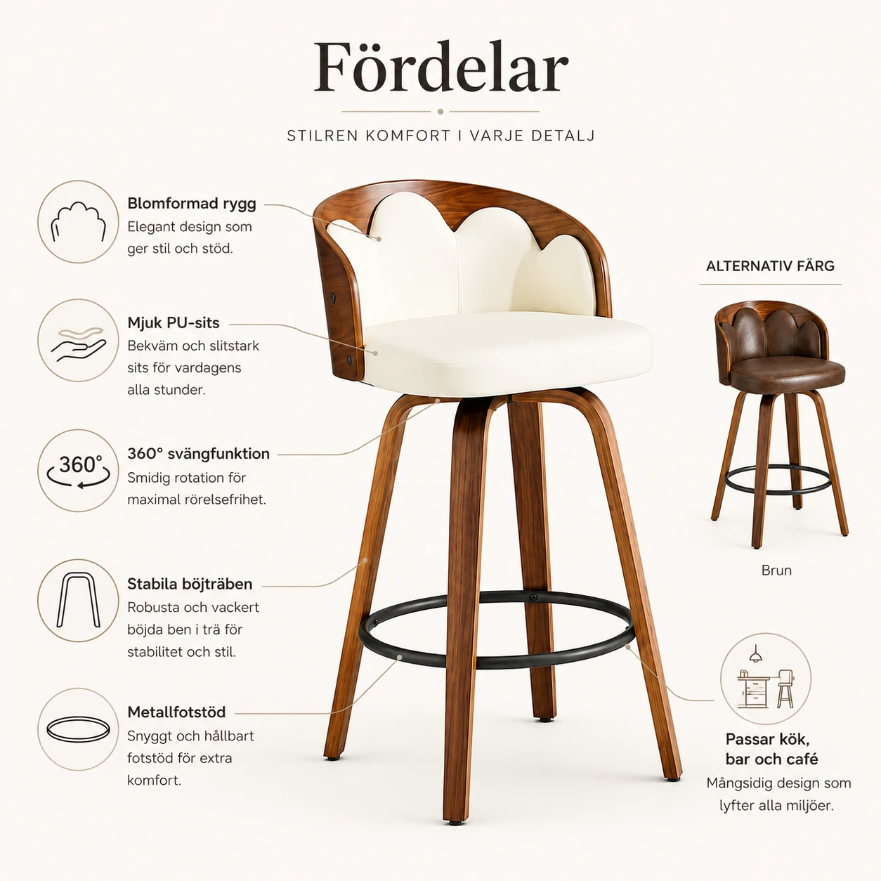 Barstolar 2-Pack i Blomdesign – PU, Böjträ och Fotstöd