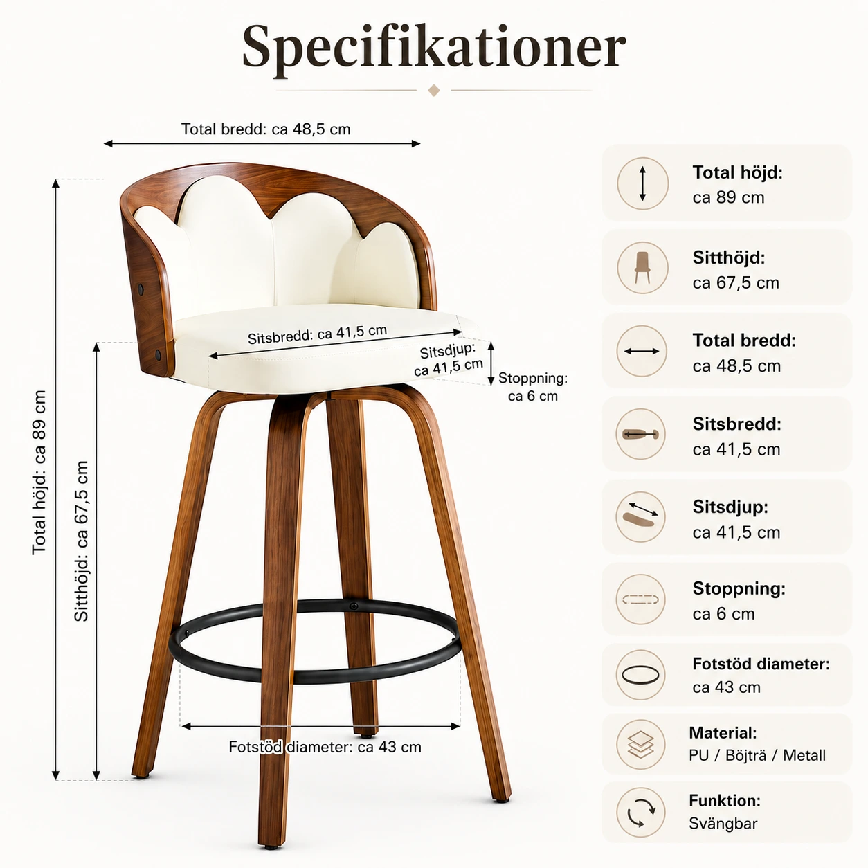 Barstolar 2-Pack i Blomdesign – PU, Böjträ och Fotstöd