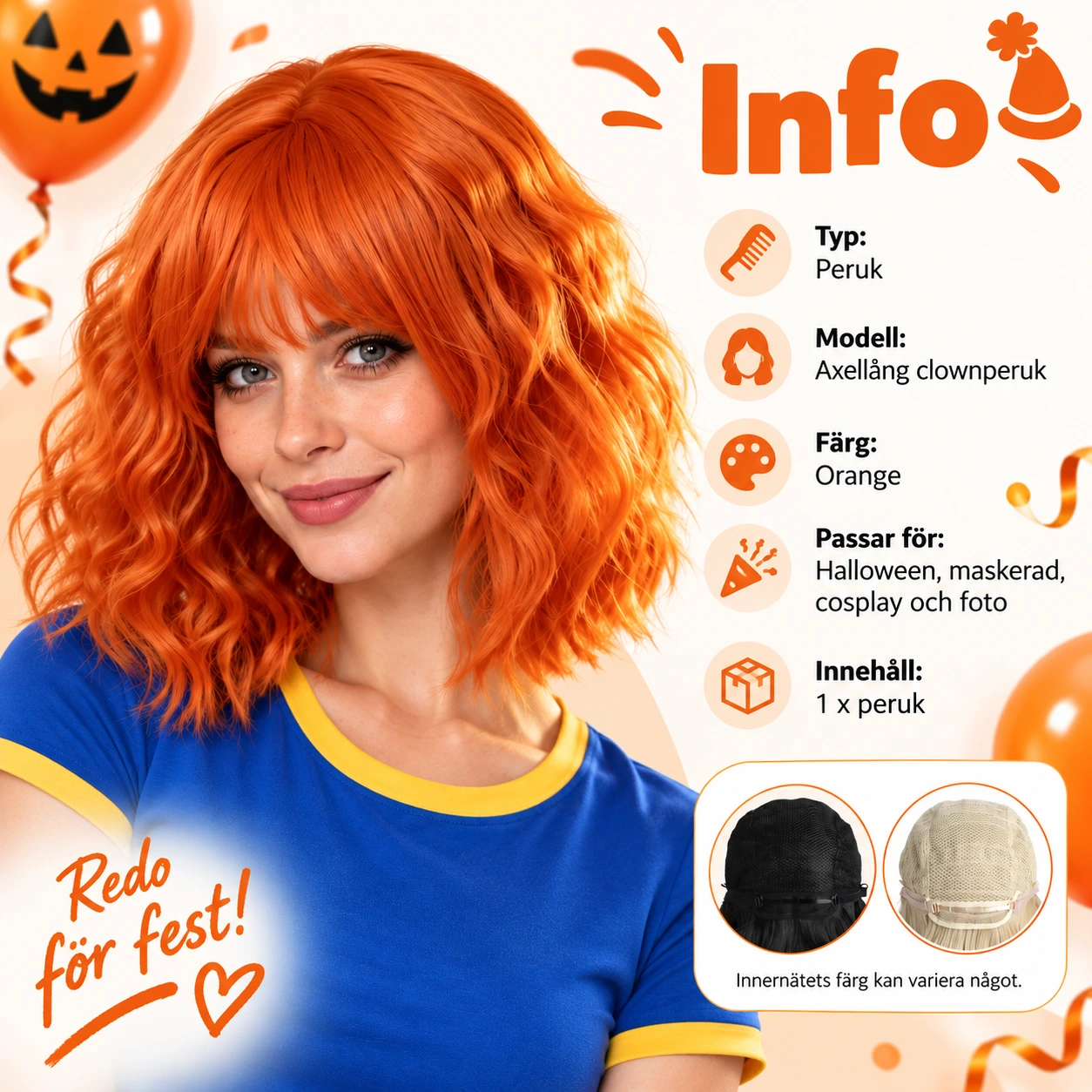 Peruk clown orange axellång