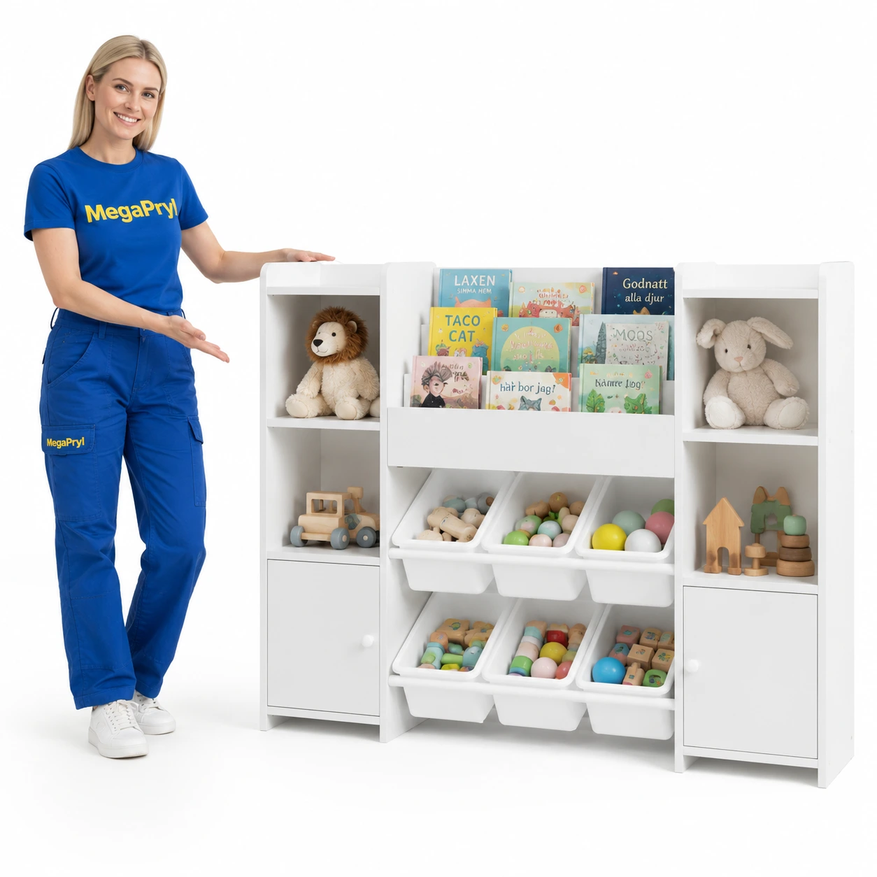 Barnbokhylla med leksaksförvaring och 6 lådor