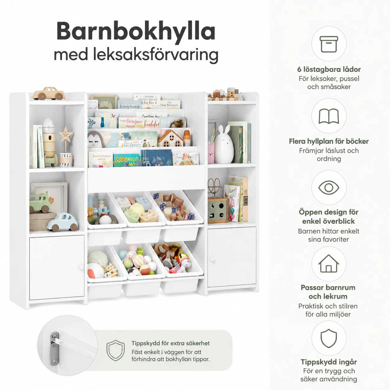 Barnbokhylla med leksaksförvaring och 6 lådor