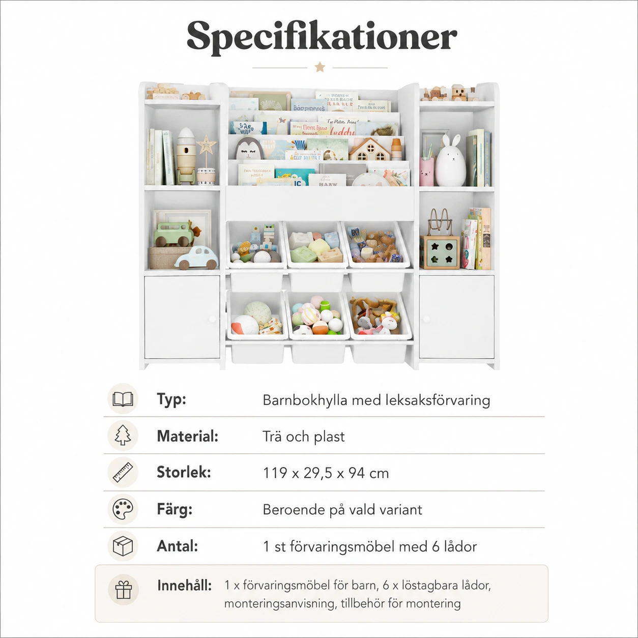 Barnbokhylla med leksaksförvaring och 6 lådor