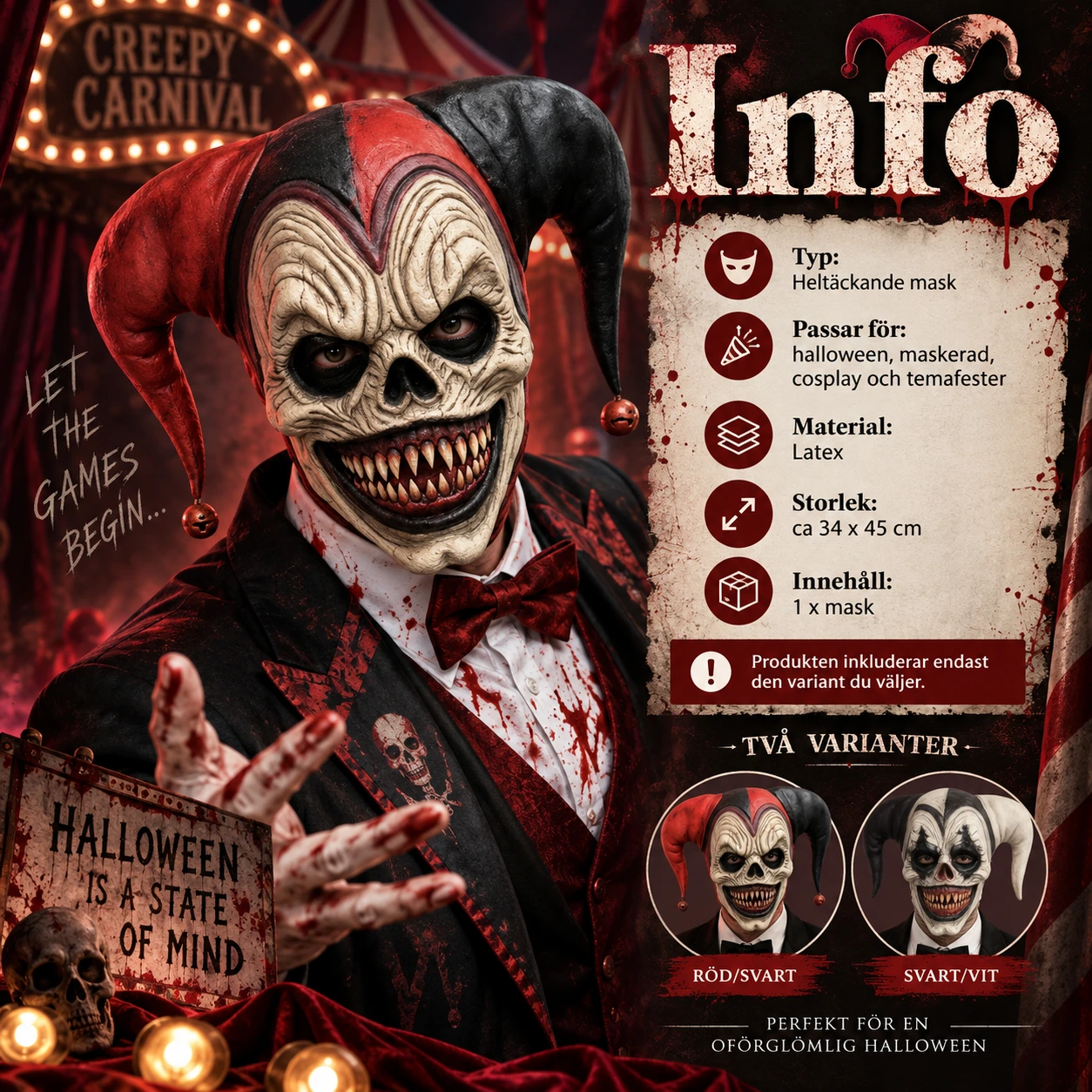 Läskig clownmask för halloween och maskerad