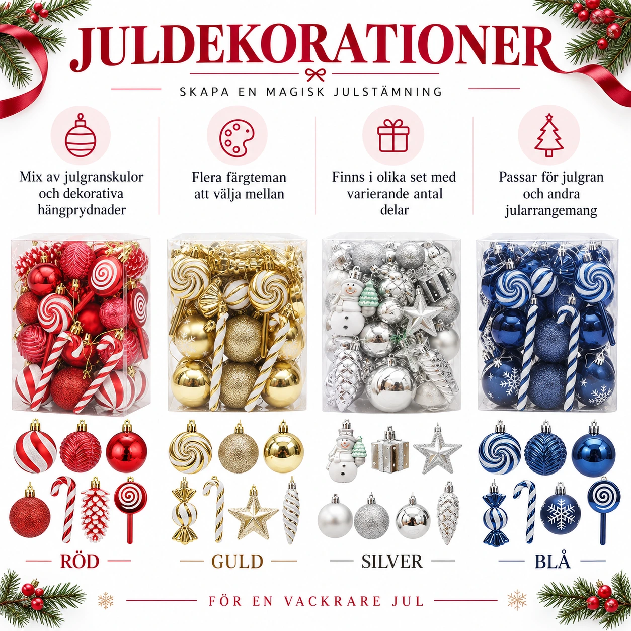 Julekuler og hengedekorasjoner til juletre