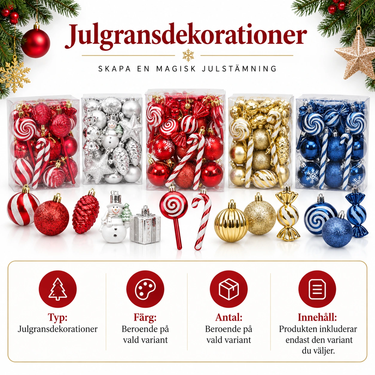 Julekuler og hengedekorasjoner til juletre