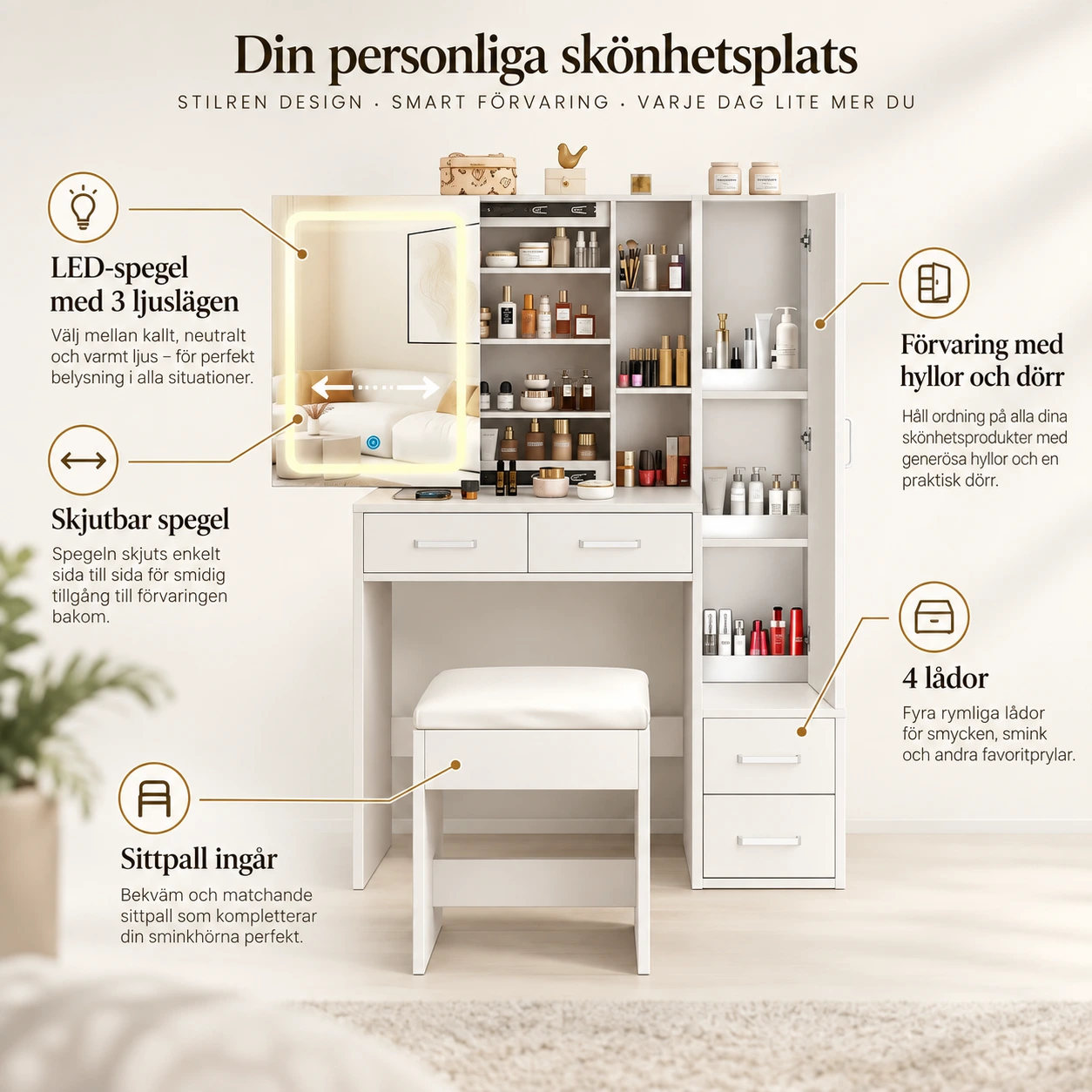Sminkbord med LED-spegel och förvaring, 100 x 40 x 142 cm