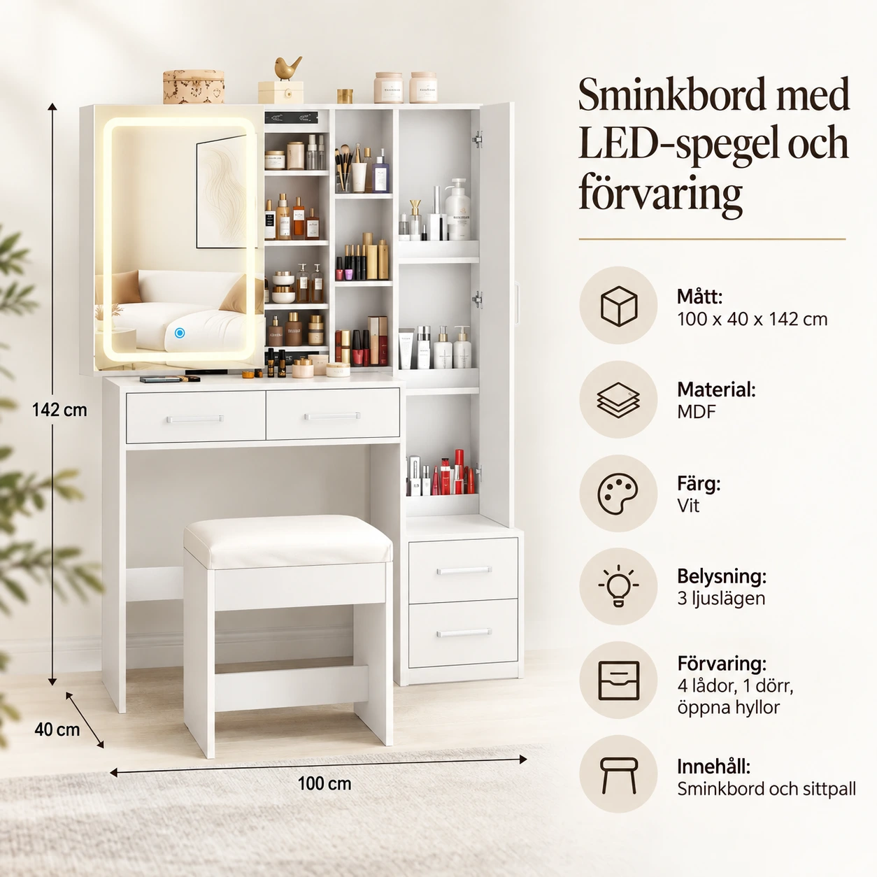 Sminkbord med LED-spegel och förvaring, 100 x 40 x 142 cm