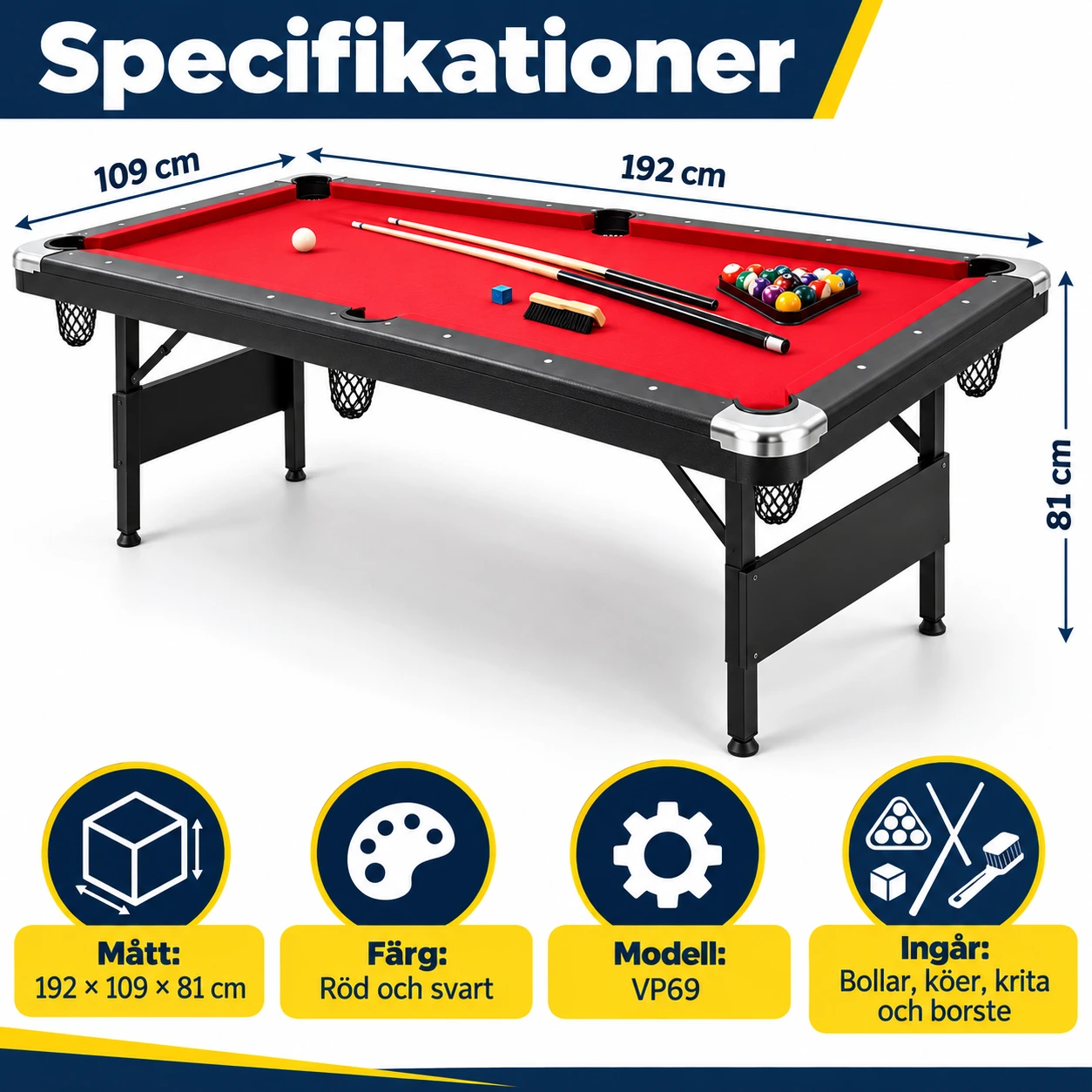 Hopfällbart biljardbord 192 cm med tillbehör