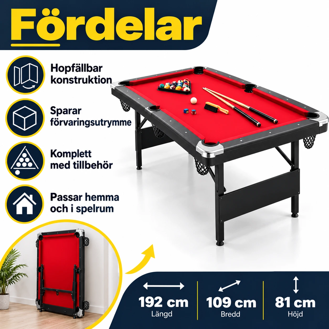 Hopfällbart biljardbord 192 cm med tillbehör