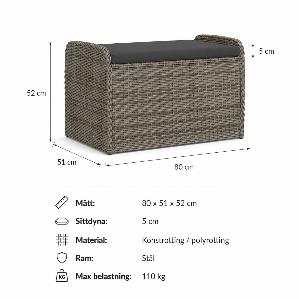 Förvaringsbänk i Konstrotting med Dyna – 80 cm