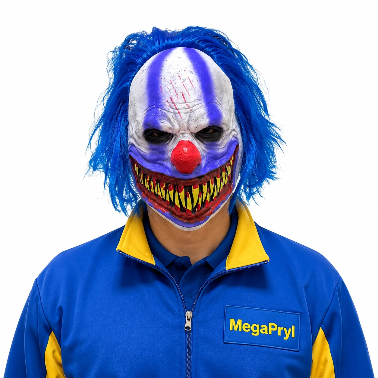 Clownmask för halloween med blått hår