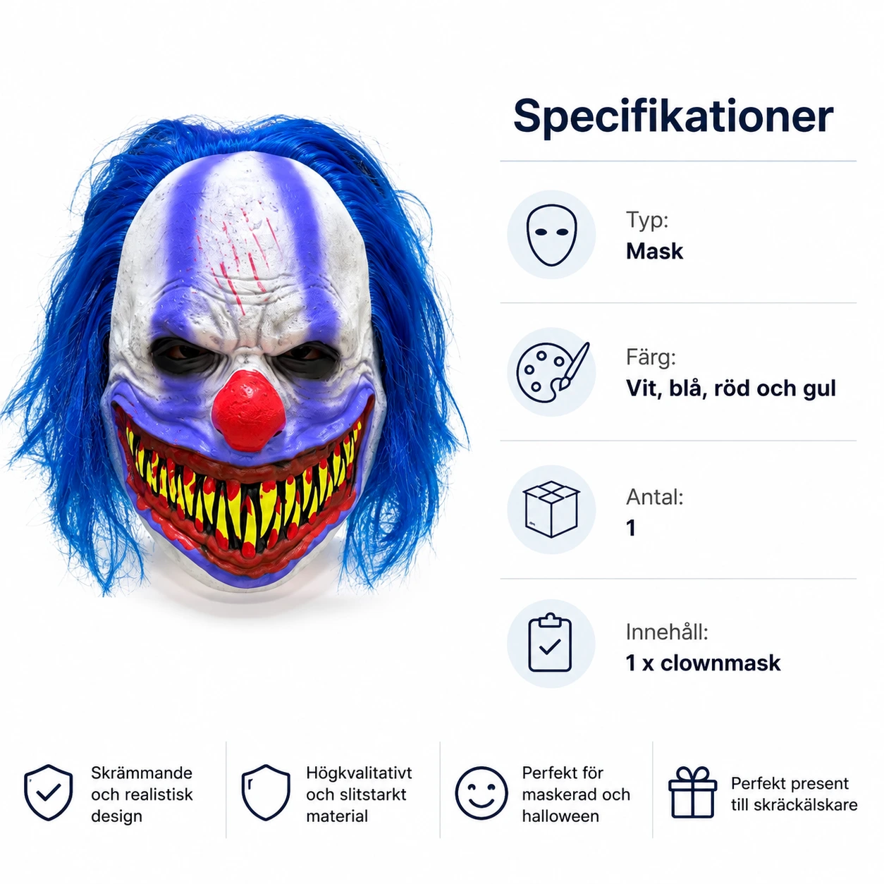 Clownmask för halloween med blått hår
