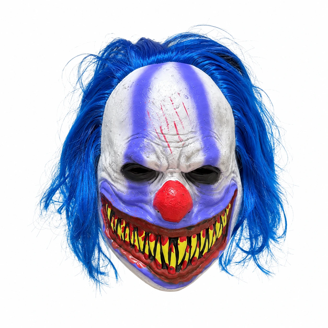 Clownmask för halloween med blått hår