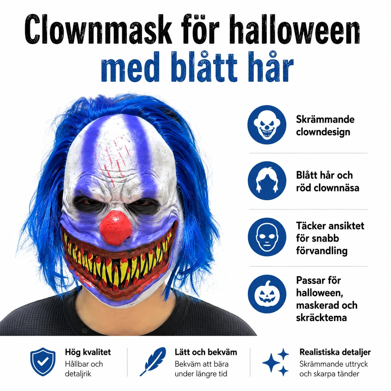 Clownmask för halloween med blått hår
