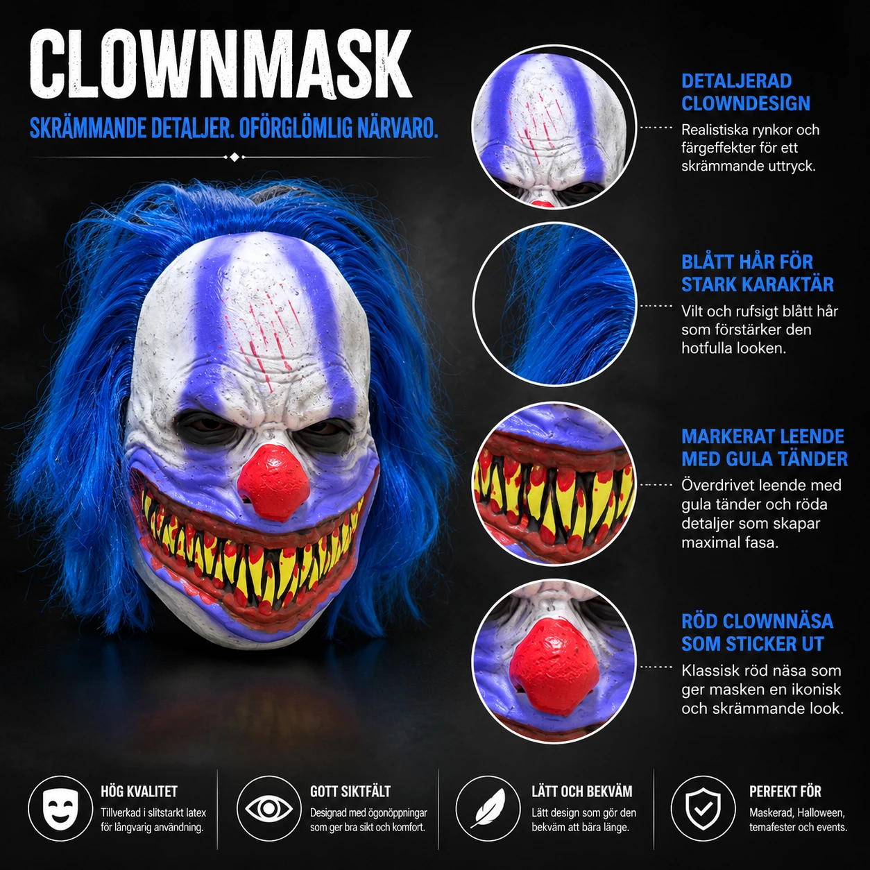 Clownmask för halloween med blått hår