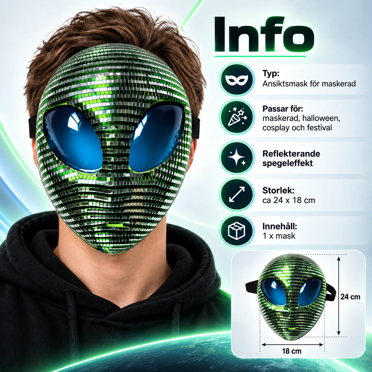 Alienmask för maskerad och festival med spegeleffekt