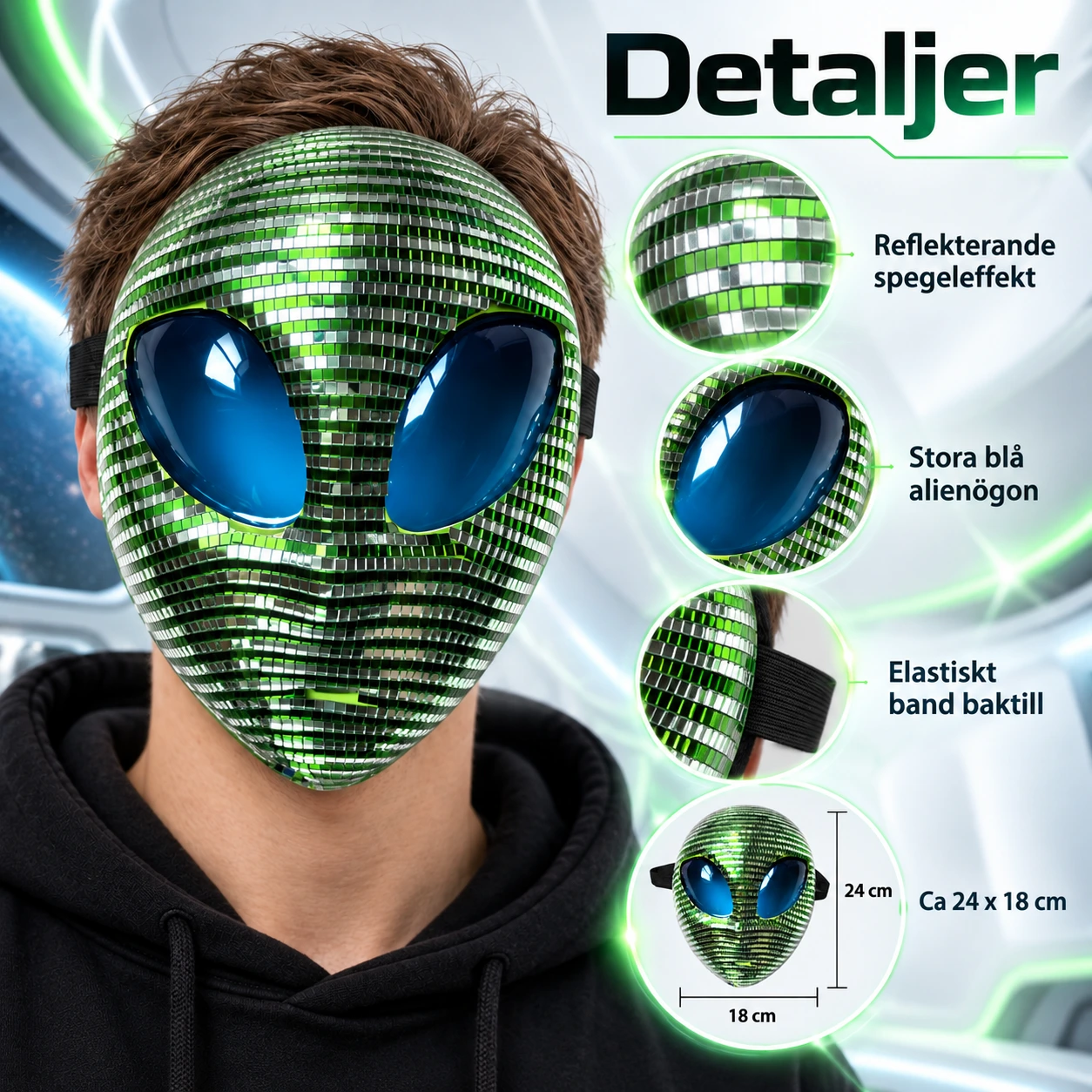 Alienmask för maskerad och festival med spegeleffekt