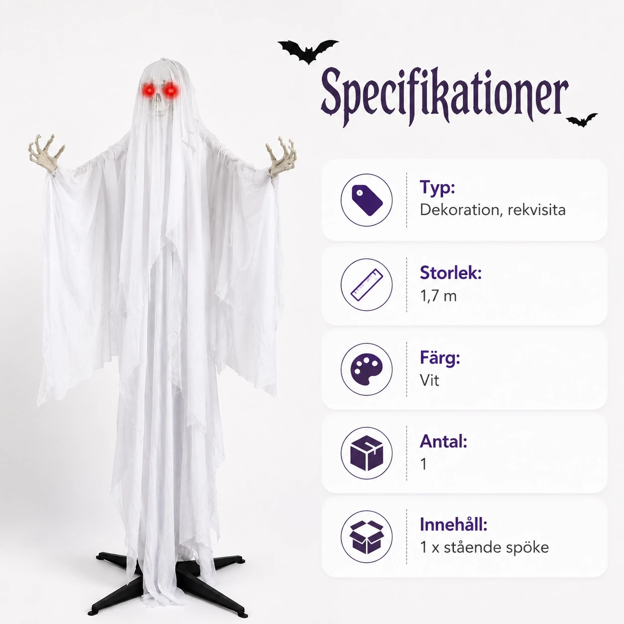 Stående spöke för halloween 1,7 m i vitt