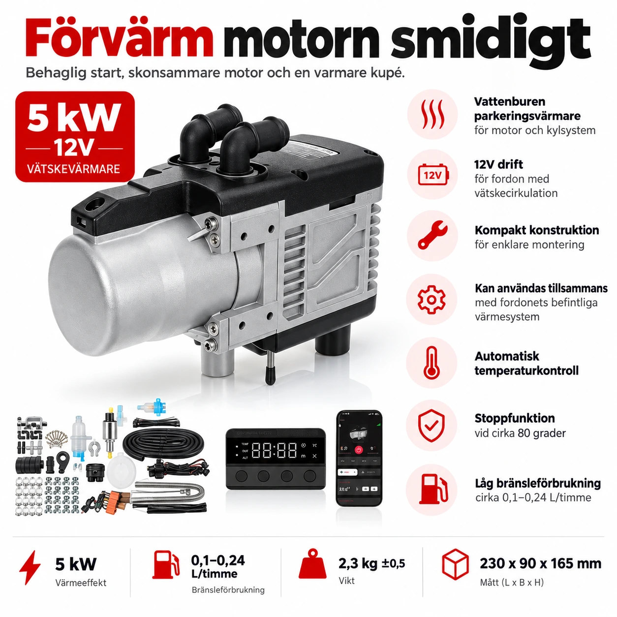 Parkeringsvärmare för fordon med vätskecirkulation, 12V