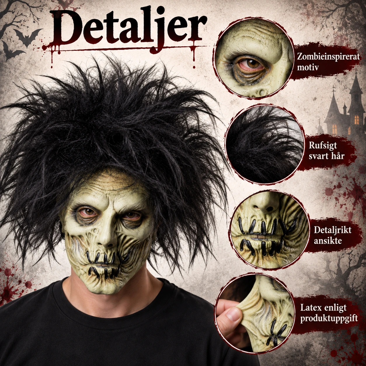 Zombiemaske med svart hår i lateks