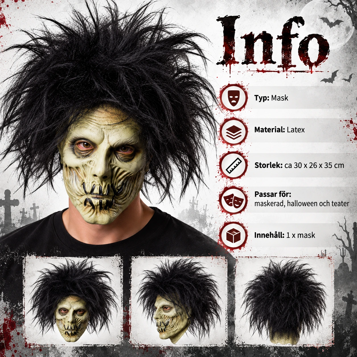Zombiemaske med svart hår i lateks