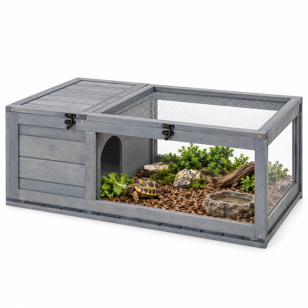 Terrarium i trä för sköldpaddor med två sektioner