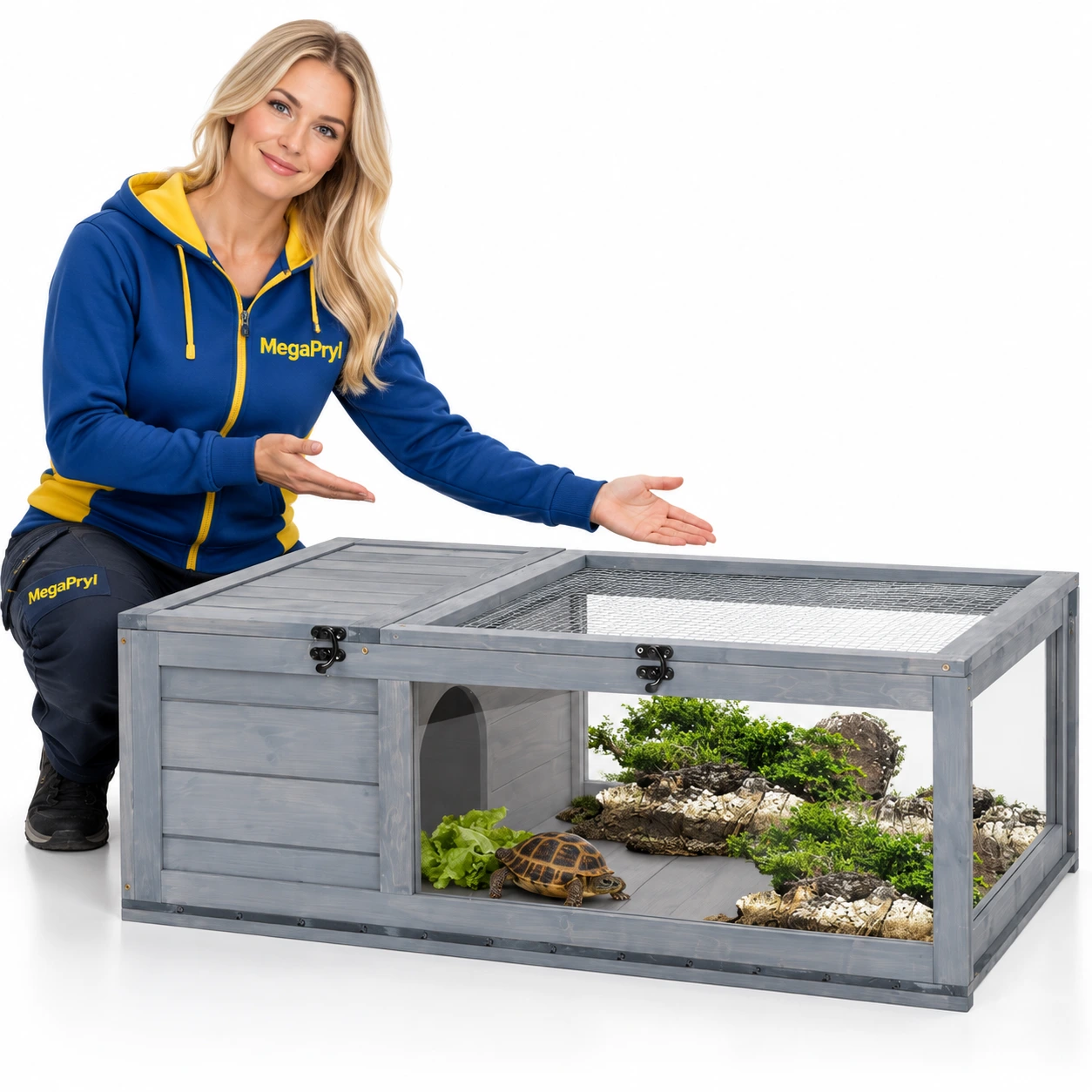 Terrarium i trä för sköldpaddor med två sektioner